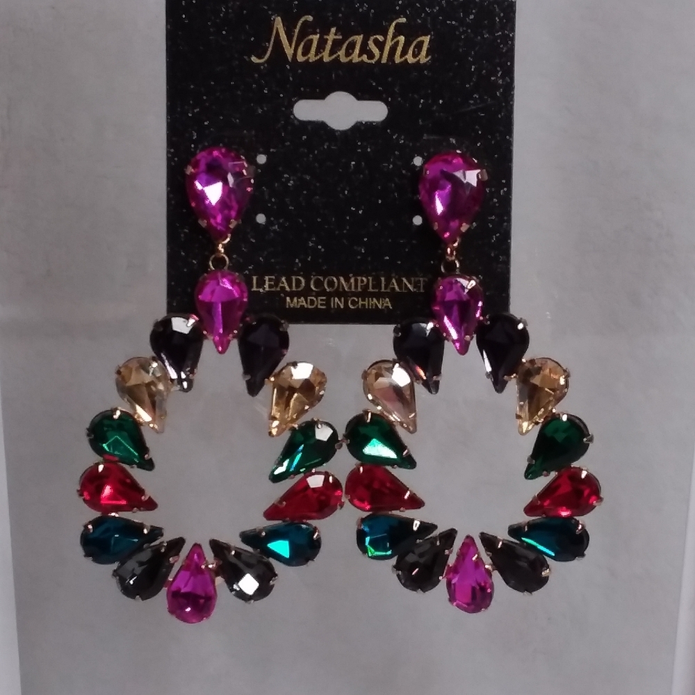 Dangle Teardrop Multi Color Rhinestones Pierce Earrings Natasha